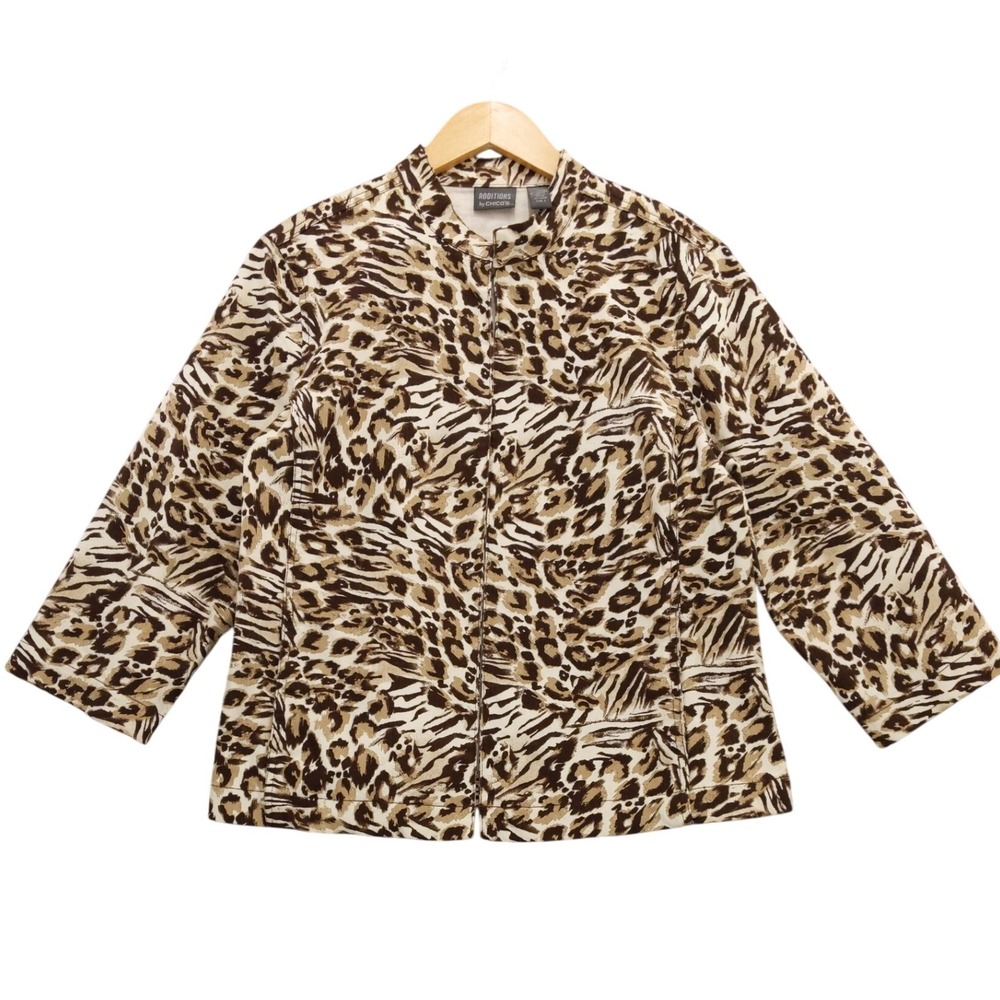 Additions by Chicos Leopard Zebra Print Jacket‎ Zip Front Collarless Sz 2 L